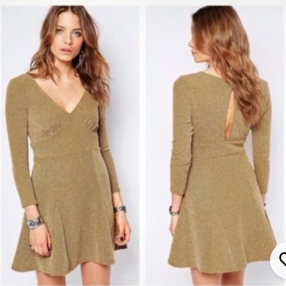 Free People Heart Stopper Fit & Flare A-line Golden LS Skater Tweed Dress, M